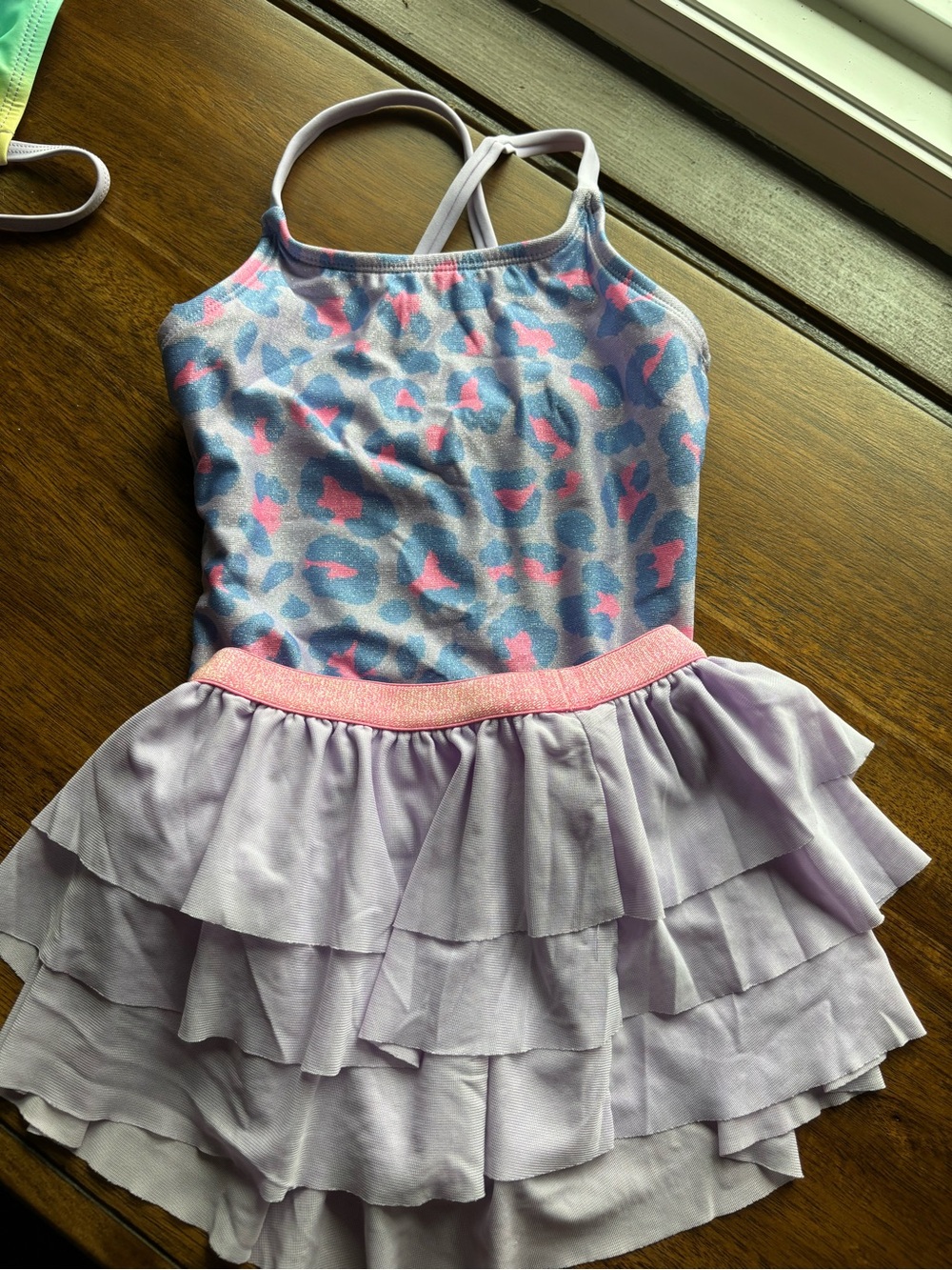 Girls Lavender Ruffle Swim One-Piece with Pink Trim